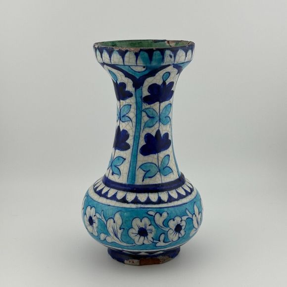 Antique Handmade Hand Painted Glazed Terracotta Vase Iznic Pottery Blue 6.5" H - Picture 5 of 12